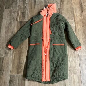 Anthropologie Daily Practice olive green and orange trim quilted coat with hood